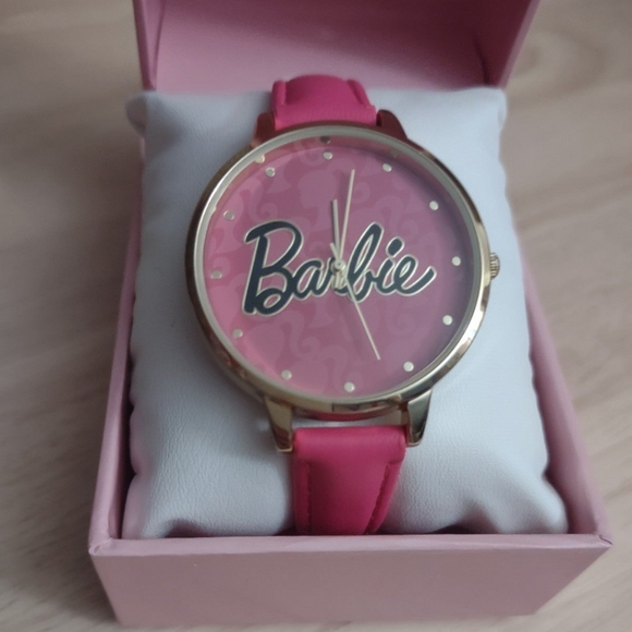 Barbie Iconic Silhouette Logo Pink Leather Strap Gold Bezel Watch Y2K Bling main image 4
